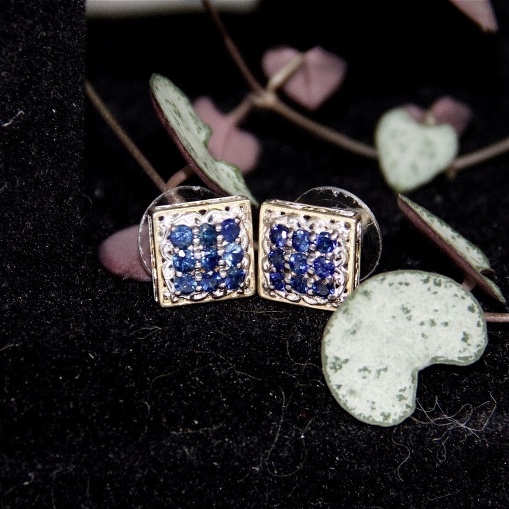 Vintage Sterling Silver 925 Blue Sapphire Square Filigree Stud Earrings